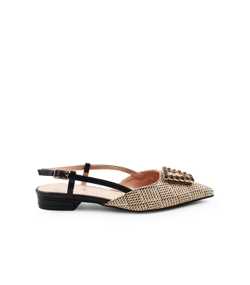 Γυναικείο slingback flat σε μαύρο και μπεζ χρώμα με αγκράφα στρας