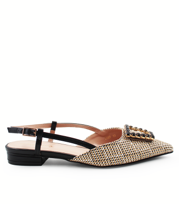 Γυναικείο slingback flat σε μαύρο και μπεζ χρώμα με αγκράφα στρας