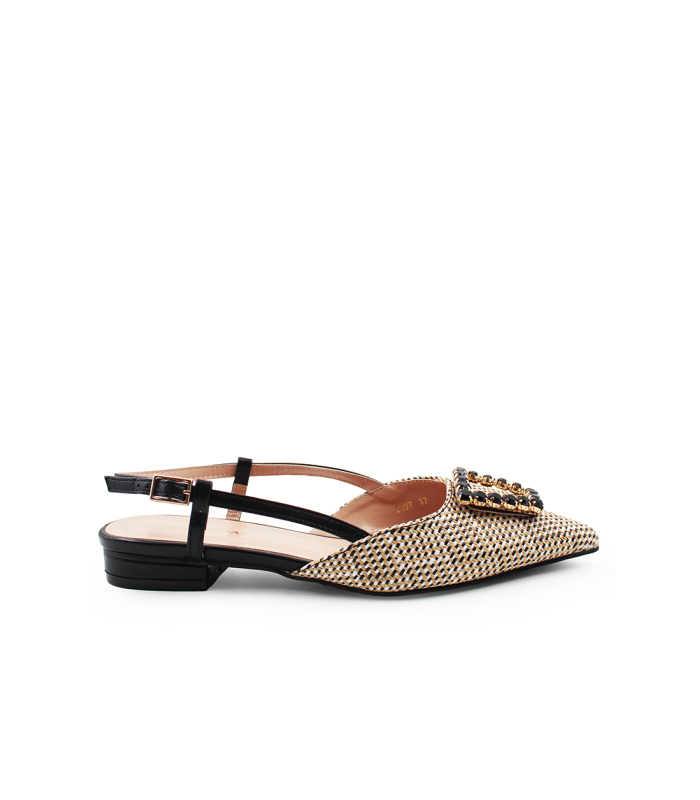 Γυναικείο slingback flat σε μαύρο και μπεζ χρώμα με αγκράφα στρας
