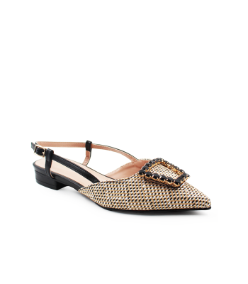 Γυναικείο slingback flat σε μαύρο και μπεζ χρώμα με αγκράφα στρας