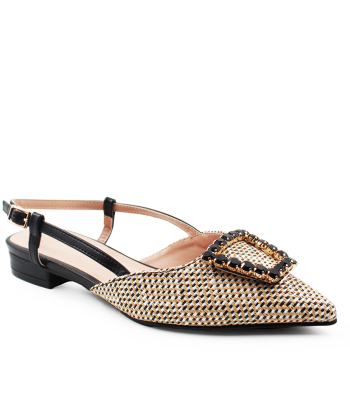 Γυναικείο slingback flat σε μαύρο και μπεζ χρώμα με αγκράφα στρας