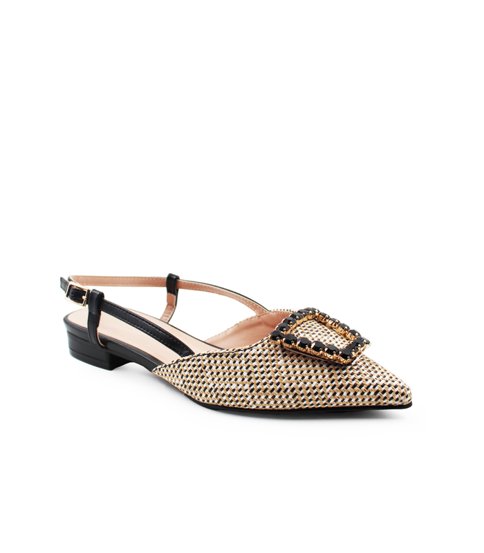 Γυναικείο slingback flat σε μαύρο και μπεζ χρώμα με αγκράφα στρας