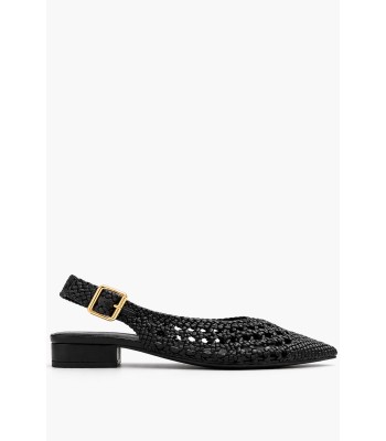 Μαύρο slingback πέδιλο με πλέξη και χοντρό τακούνι