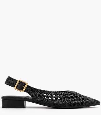 Μαύρο slingback πέδιλο με πλέξη και χοντρό τακούνι