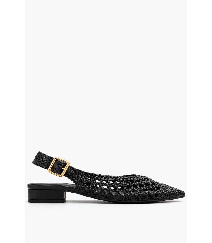 Μαύρο slingback πέδιλο με πλέξη και χοντρό τακούνι