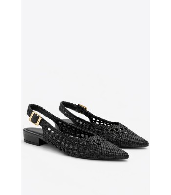 Μαύρο slingback πέδιλο με πλέξη και χοντρό τακούνι