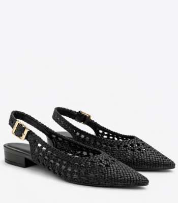 Μαύρο slingback πέδιλο με πλέξη και χοντρό τακούνι