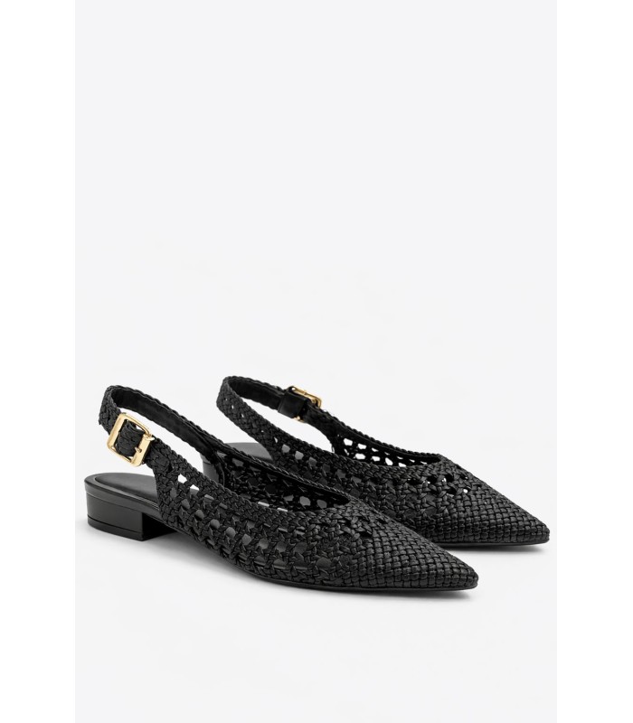 Μαύρο slingback πέδιλο με πλέξη και χοντρό τακούνι