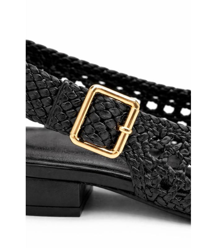 Μαύρο slingback πέδιλο με πλέξη και χοντρό τακούνι