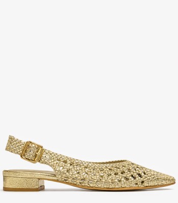 Χρυσό slingback πέδιλο με πλέξη και χοντρό τακούνι