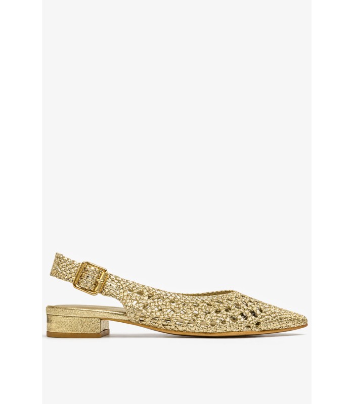 Χρυσό slingback πέδιλο με πλέξη και χοντρό τακούνι