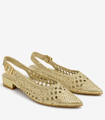 Χρυσό slingback πέδιλο με πλέξη και χοντρό τακούνι