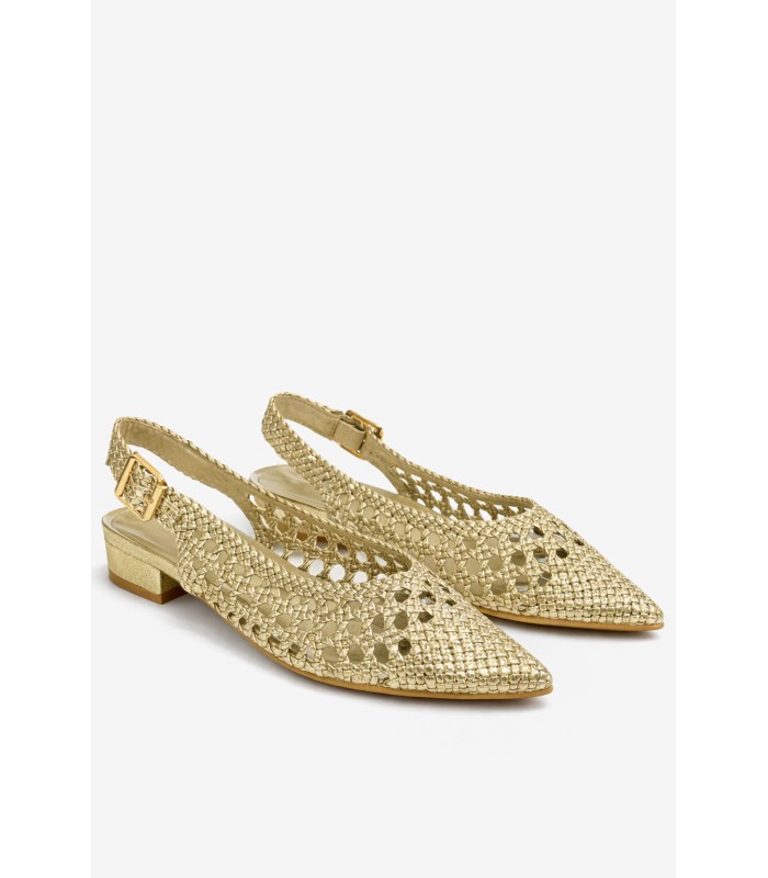 Χρυσό slingback πέδιλο με πλέξη και χοντρό τακούνι