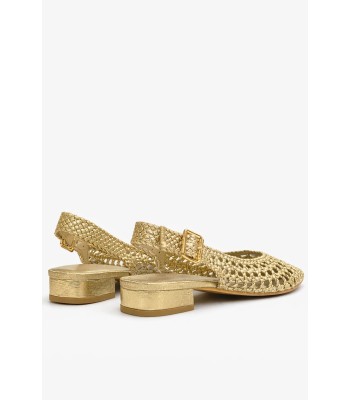 Χρυσό slingback πέδιλο με πλέξη και χοντρό τακούνι
