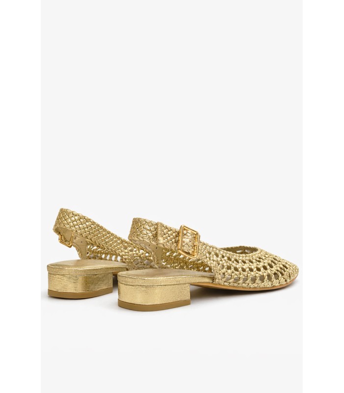 Χρυσό slingback πέδιλο με πλέξη και χοντρό τακούνι