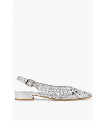 Ασημί slingback πέδιλο με πλέξη και χοντρό τακούνι
