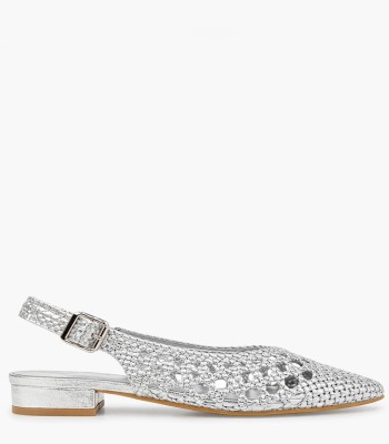 Ασημί slingback πέδιλο με πλέξη και χοντρό τακούνι