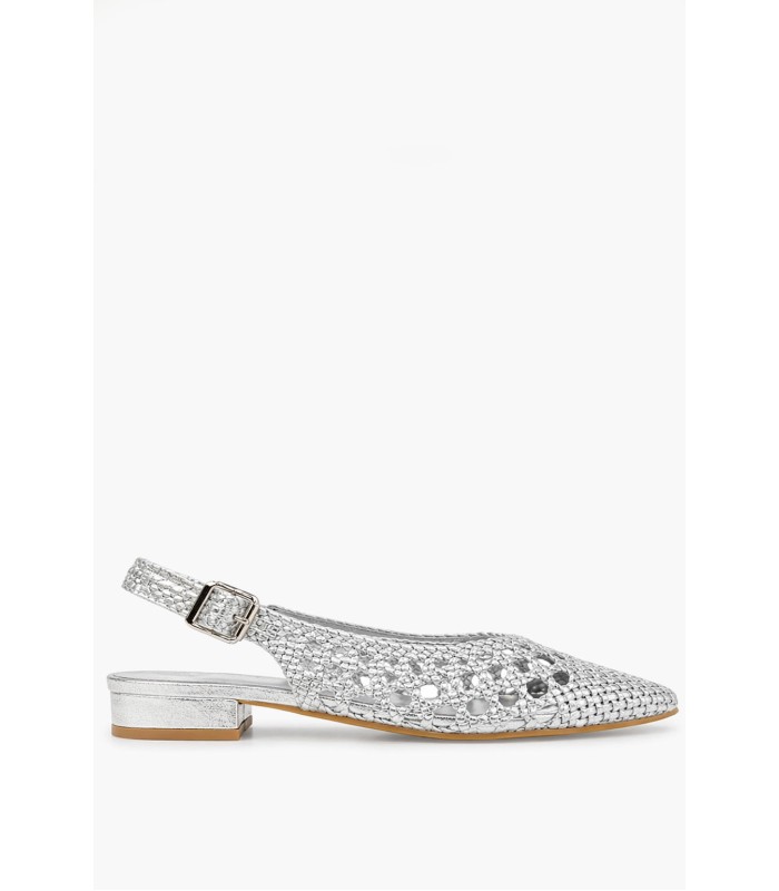 Ασημί slingback πέδιλο με πλέξη και χοντρό τακούνι