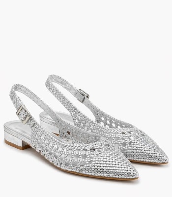 Ασημί slingback πέδιλο με πλέξη και χοντρό τακούνι