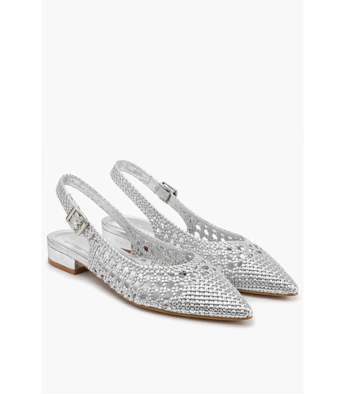 Ασημί slingback πέδιλο με πλέξη και χοντρό τακούνι