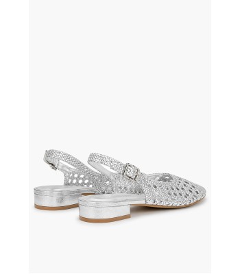 Ασημί slingback πέδιλο με πλέξη και χοντρό τακούνι