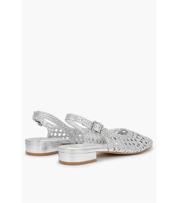 Ασημί slingback πέδιλο με πλέξη και χοντρό τακούνι