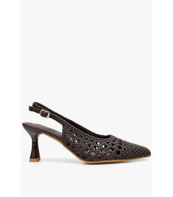 Καφέ slingback γόβα πλεκτή με λεπτό τακούνι