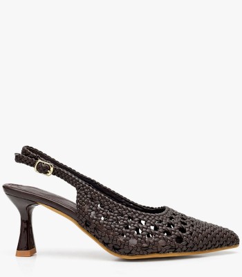 Καφέ slingback γόβα πλεκτή με λεπτό τακούνι