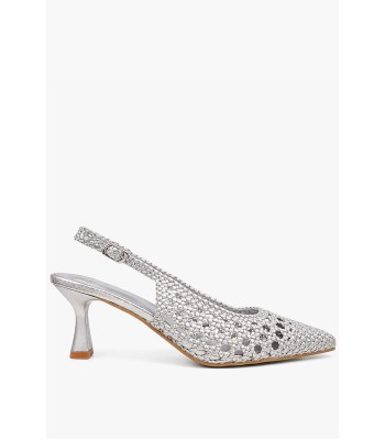 Ασημί slingback γόβα πλεκτή με λεπτό τακούνι