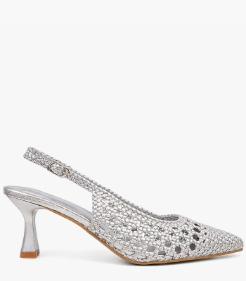 Ασημί slingback γόβα πλεκτή με λεπτό τακούνι