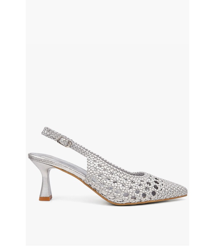 Ασημί slingback γόβα πλεκτή με λεπτό τακούνι