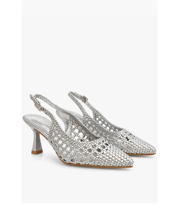 Ασημί slingback γόβα πλεκτή με λεπτό τακούνι