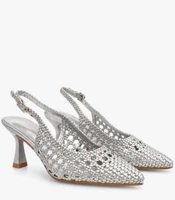 Ασημί slingback γόβα πλεκτή με λεπτό τακούνι