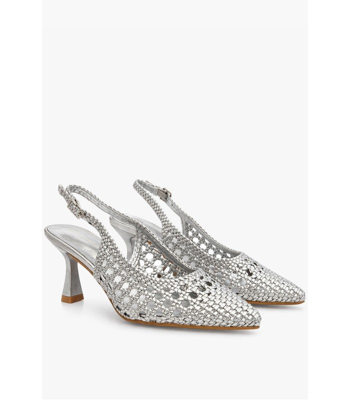 Ασημί slingback γόβα πλεκτή με λεπτό τακούνι