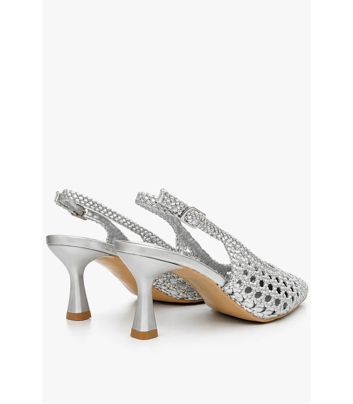 Ασημί slingback γόβα πλεκτή με λεπτό τακούνι