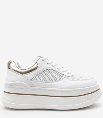Λευκό sneaker flatform με mesh και χρυσές λεπτομέρειες