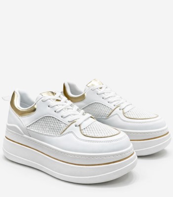 Λευκό sneaker flatform με mesh και χρυσές λεπτομέρειες