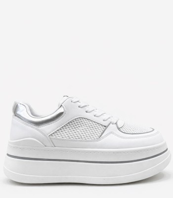 Λευκό sneaker flatform με mesh και ασημί λεπτομέρειες