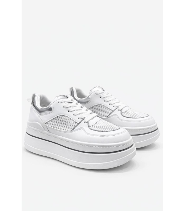 Λευκό sneaker flatform με mesh και ασημί λεπτομέρειες