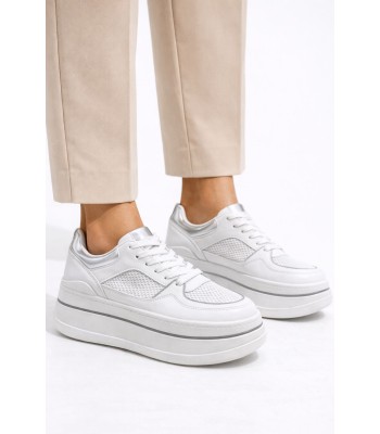 Λευκό sneaker flatform με mesh και ασημί λεπτομέρειες
