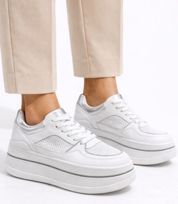 Λευκό sneaker flatform με mesh και ασημί λεπτομέρειες