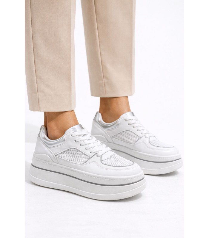 Λευκό sneaker flatform με mesh και ασημί λεπτομέρειες