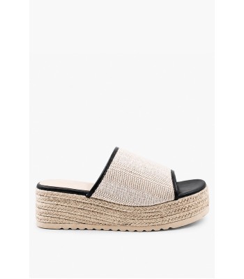 Γυναικείο flatform με ψάθινη σόλα και υφασμάτινη φάσα σε μαύρο χρώμα