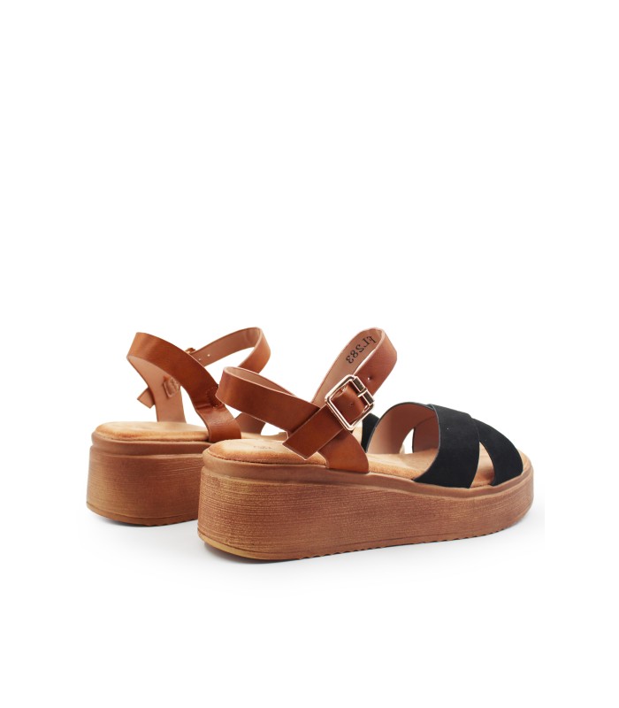 Flatform με χιαστί φάσα σε μαύρο χρώμα και καφέ λουράκι αστραγάλου