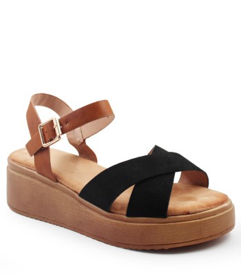 Flatform με χιαστί φάσα σε μαύρο χρώμα και καφέ λουράκι αστραγάλου