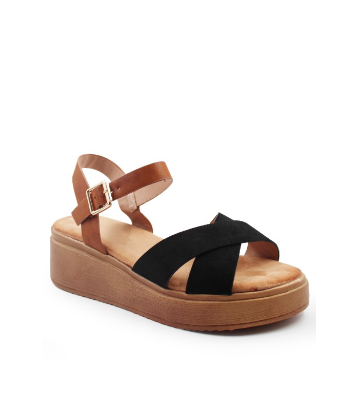 Flatform με χιαστί φάσα σε μαύρο χρώμα και καφέ λουράκι αστραγάλου