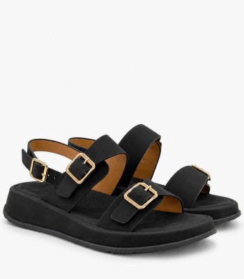 Μαύρο flatform σανδάλι με χρυσές αγκράφες