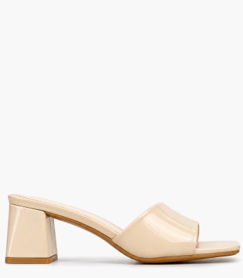Nude mule με χοντρό τακούνι λουστρίνι