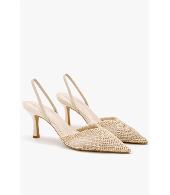 Μπεζ slingback γόβα με δίχτυ και λεπτό τακούνι