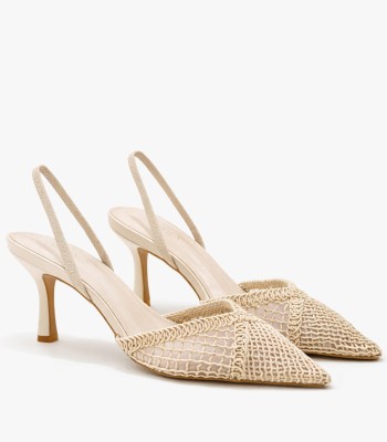Μπεζ slingback γόβα με δίχτυ και λεπτό τακούνι